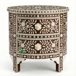 Bone Inlay Brown Round Bedside Table with 2 Drawers