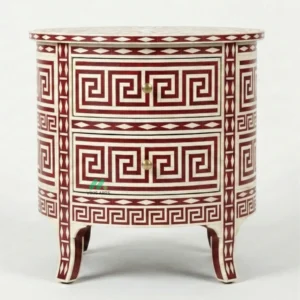 Bone Inlay Red Round Bedside Table with 2 Drawers