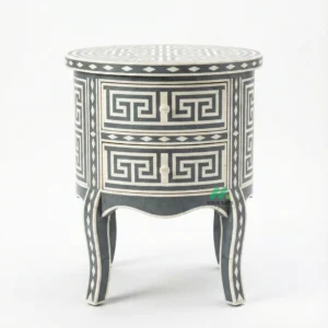 Bone Inlay Grey Round Nightstand with 2 Drawers