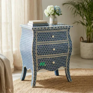 Bone inlay Blue bedside table with 3 Drawers