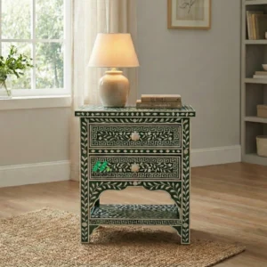 Bone Inlay Green Bedside Table with 2 Drawers