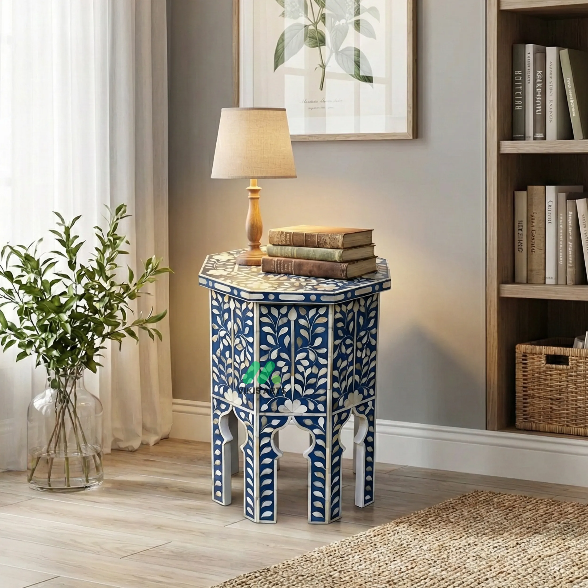 Bone Inlay Blue Round Bedside Table
