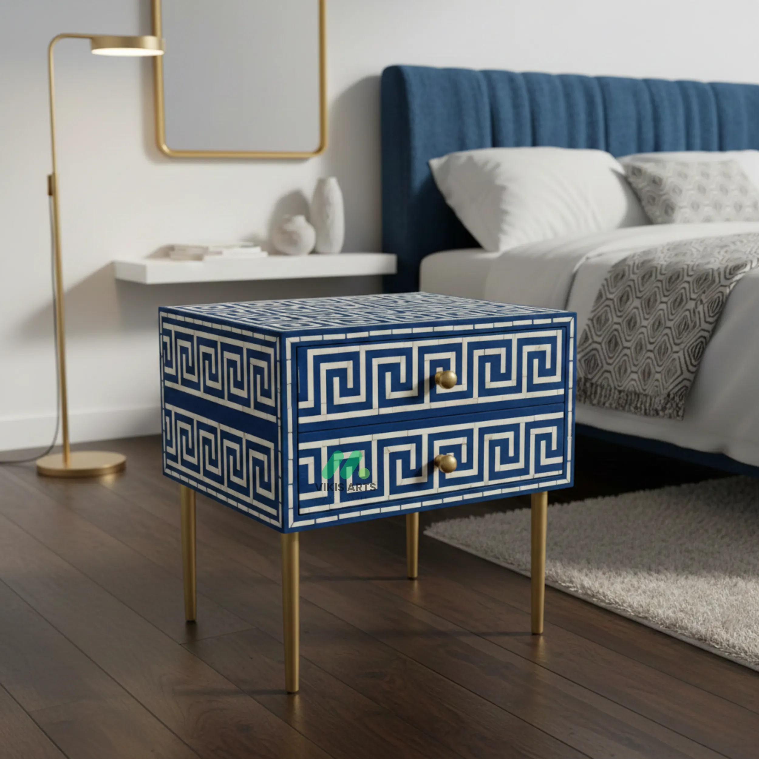 Bone Inlay Blue Bedside Table with 2 Drawers
