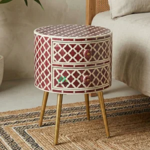 Bone Inlay Red Round Bedside Table with 2 Drawers
