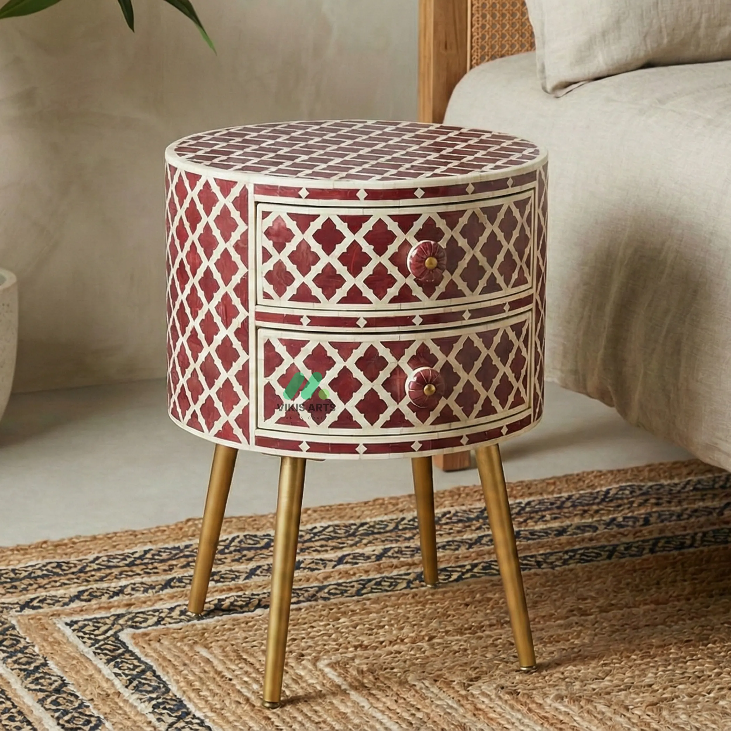 Bone Inlay Red Round Bedside Table with 2 Drawers