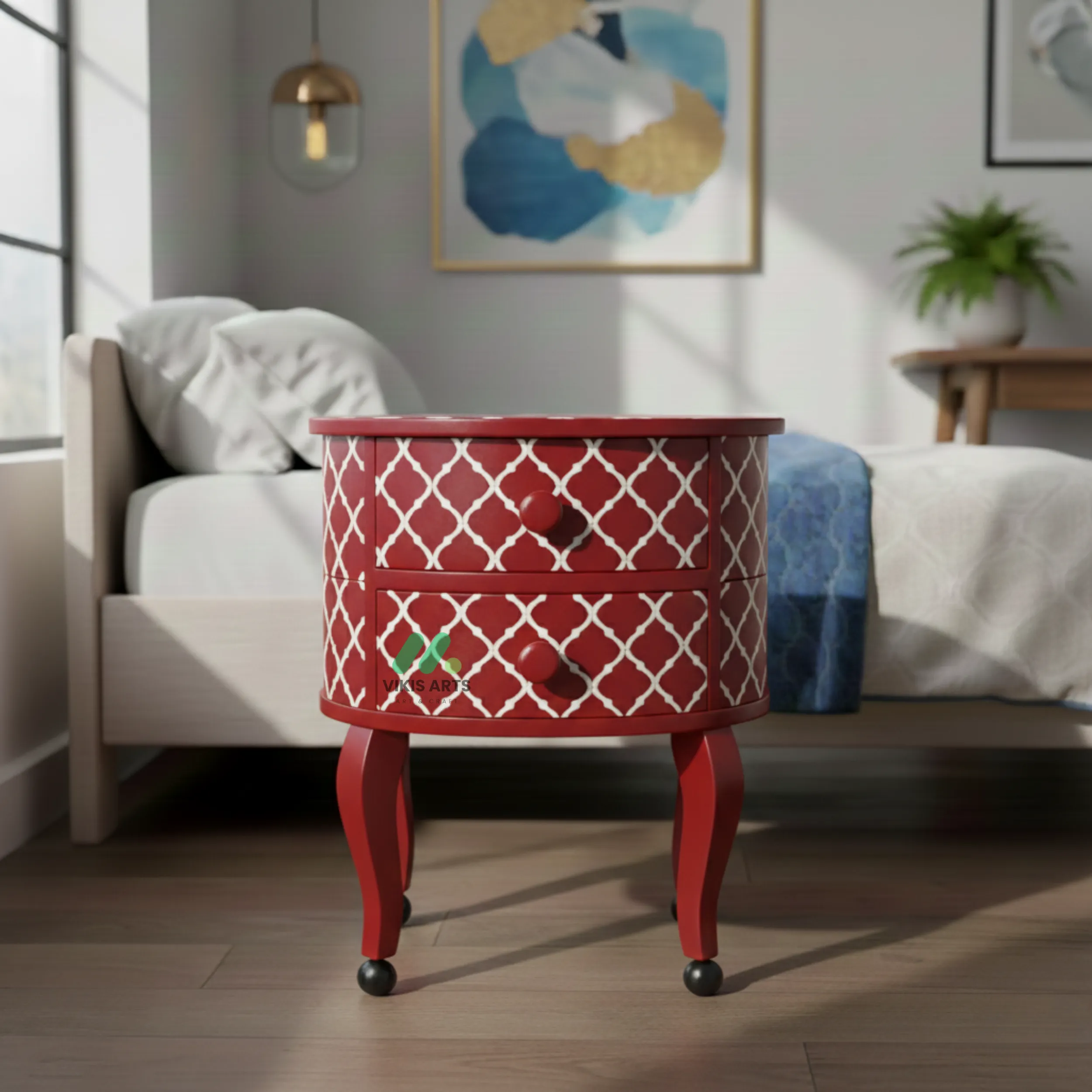Bone Inlay Red Round Bedside Table with 2 Drawers