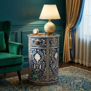 Bone Inlay Navy Blue Round Bedside Table