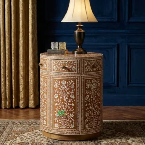 Mother Of Pearl Brown Round Bedside Table