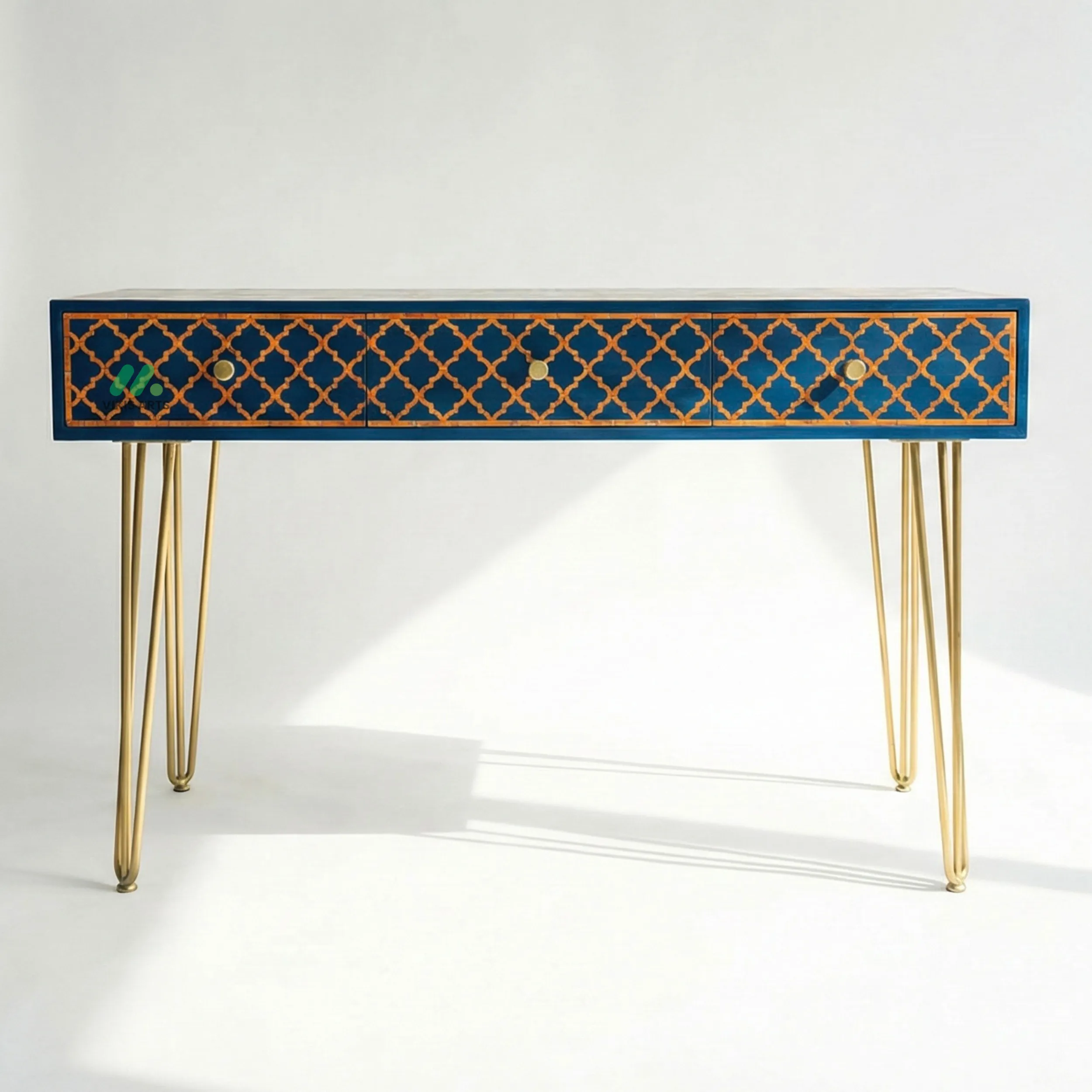 Bone Inlay Blue Desk with 3 Drawers