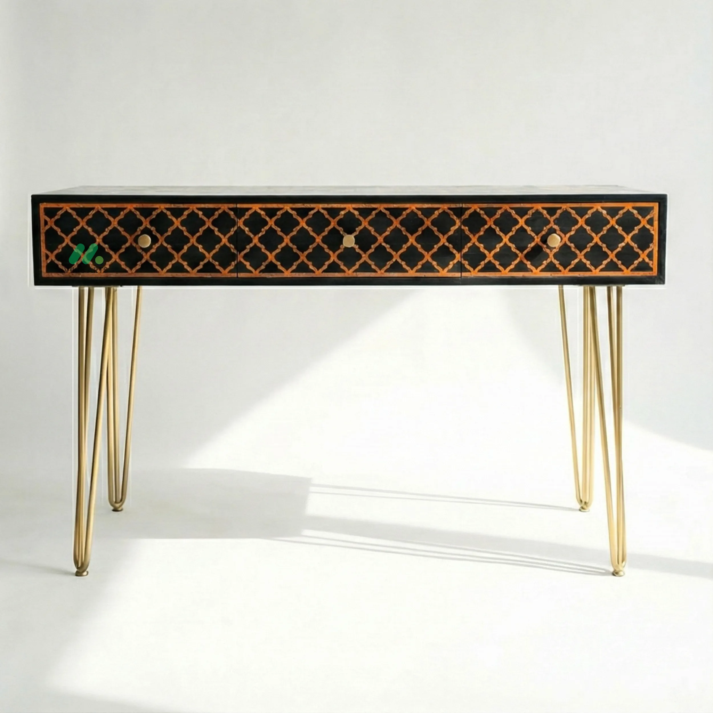 Bone Inlay Black Desk with 3 Drawers