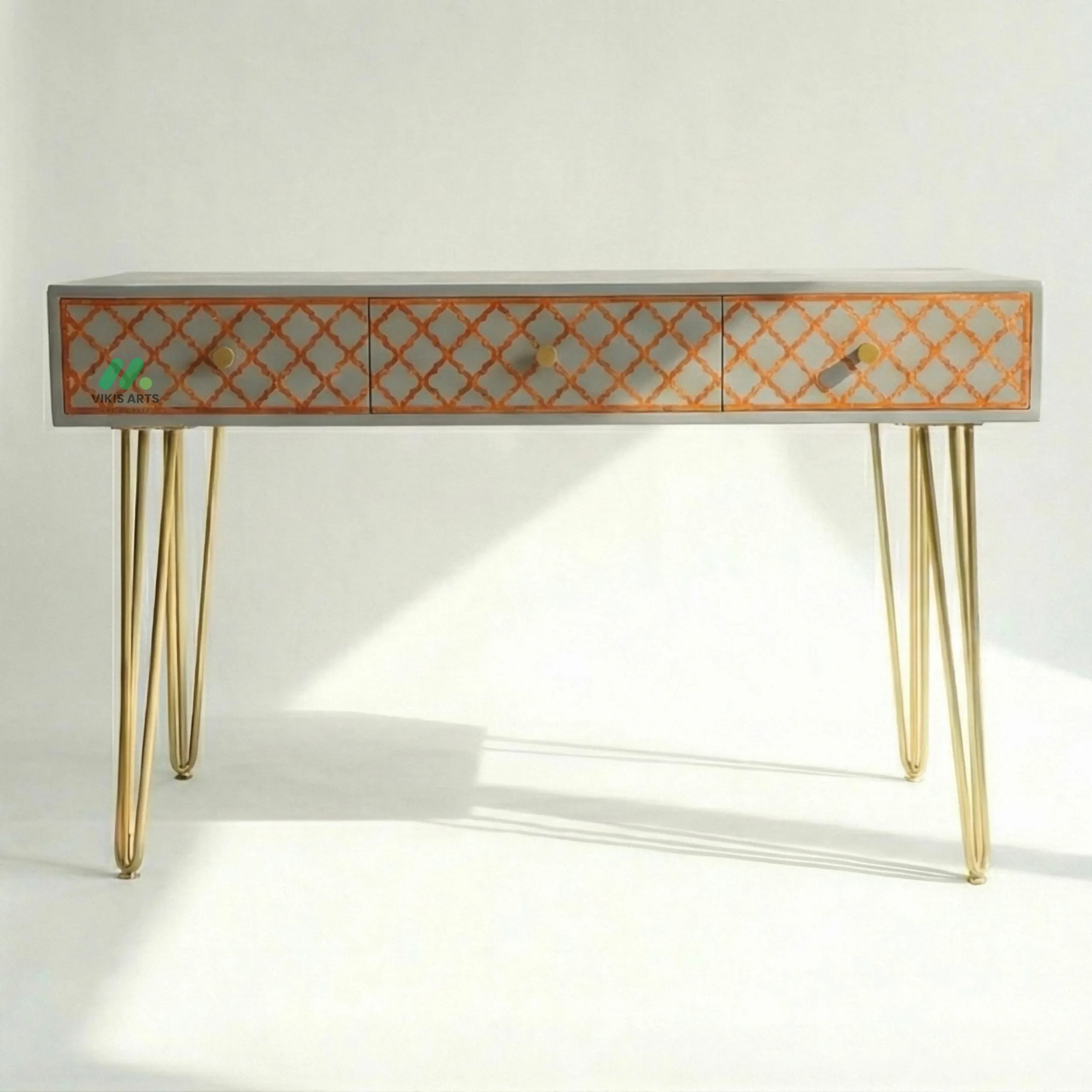 Bone Inlay Grey Desk with 3 Drawers