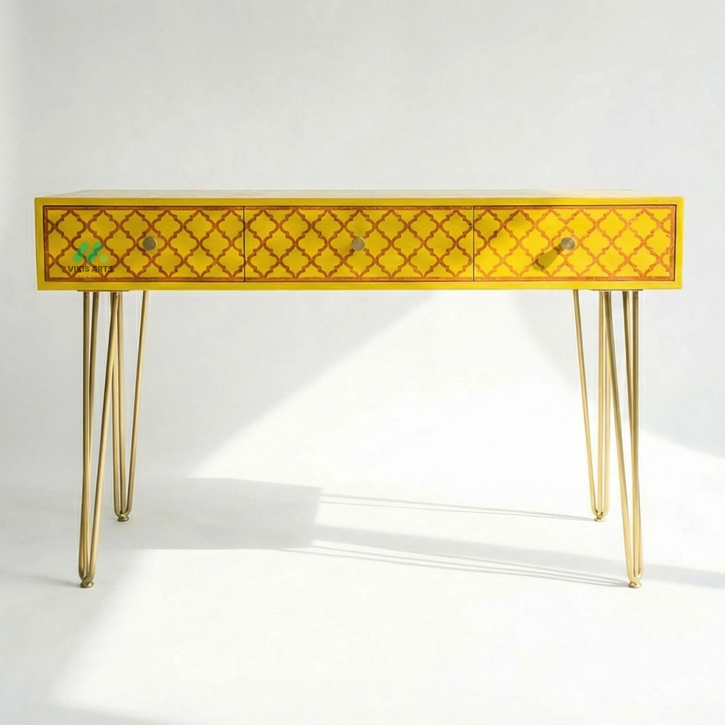 Bone Inlay Yellow Desk with 3 Drawers