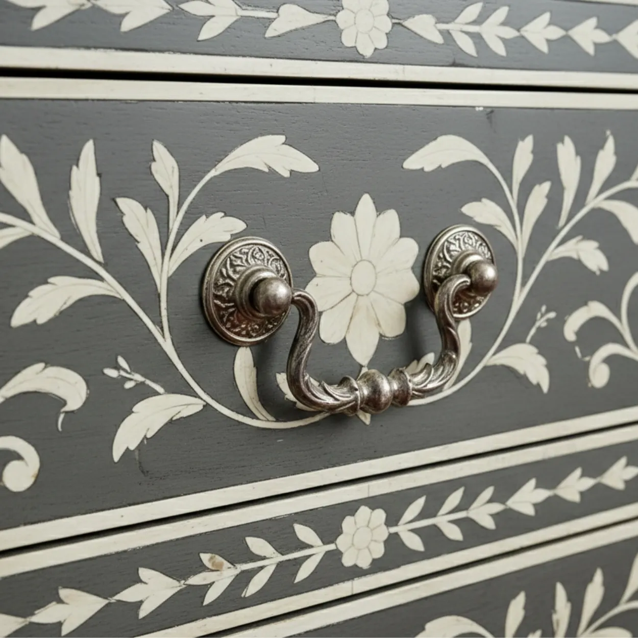Bone Inlay Grey Bedside Table with 3 Drawer - Image 7