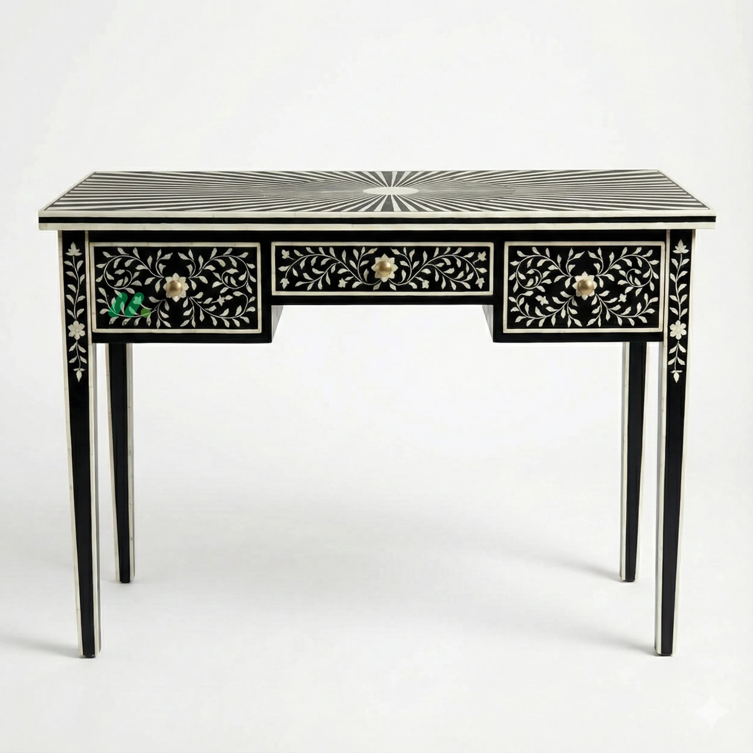 Bone Inlay Black Desk with 3 Drawers