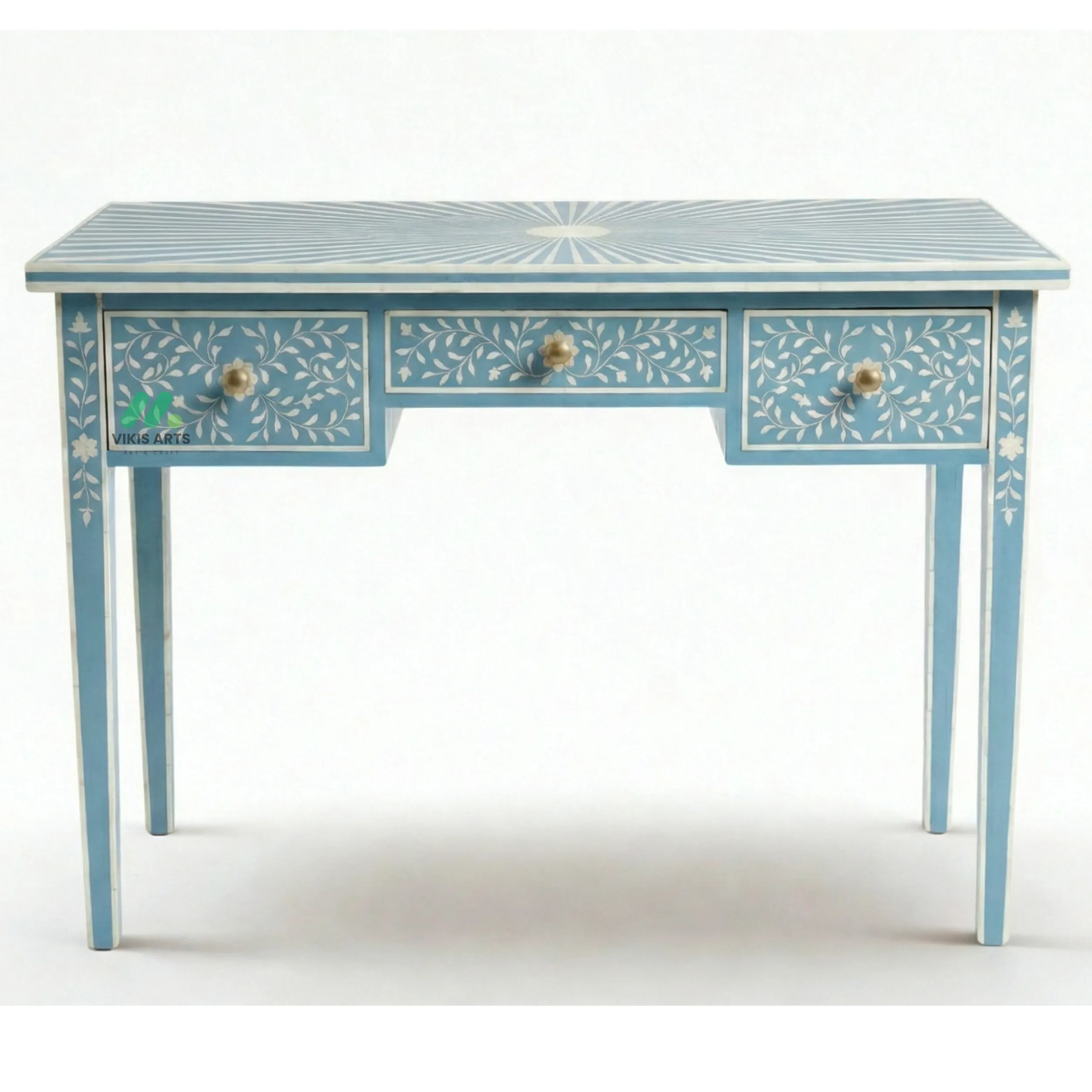 Bone Inlay Blue Desk with 3 Drawers