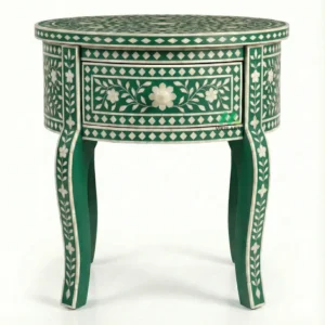 Bone Inlay Green Round Bedside Table with 1 Drawer