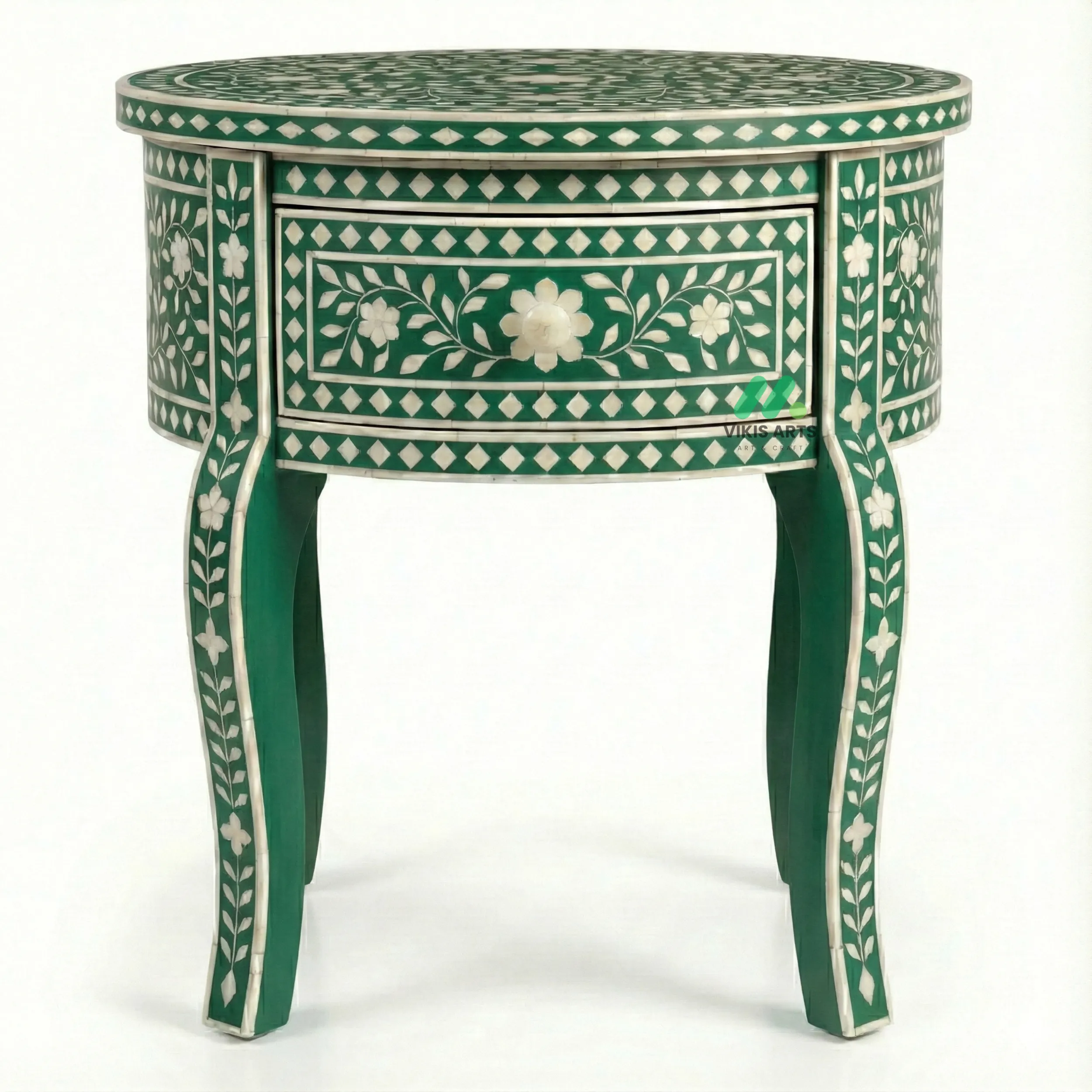 Bone Inlay Green Round Bedside Table with 1 Drawer
