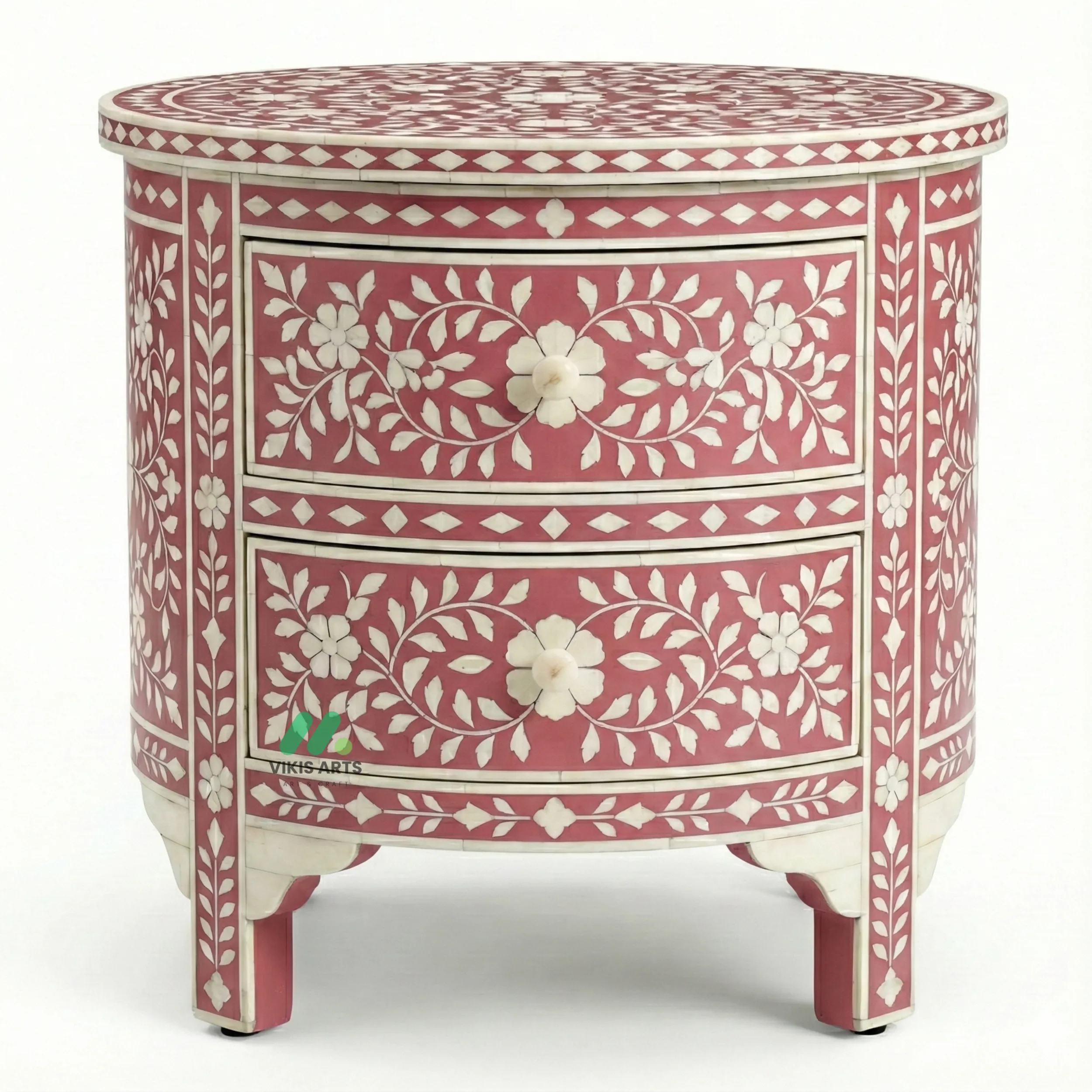 Bone Inlay Pink Round Bedside Table with 2 Drawers