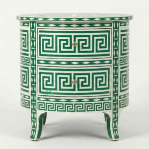 Bone Inlay Green Round Nightstand with 2 Drawers