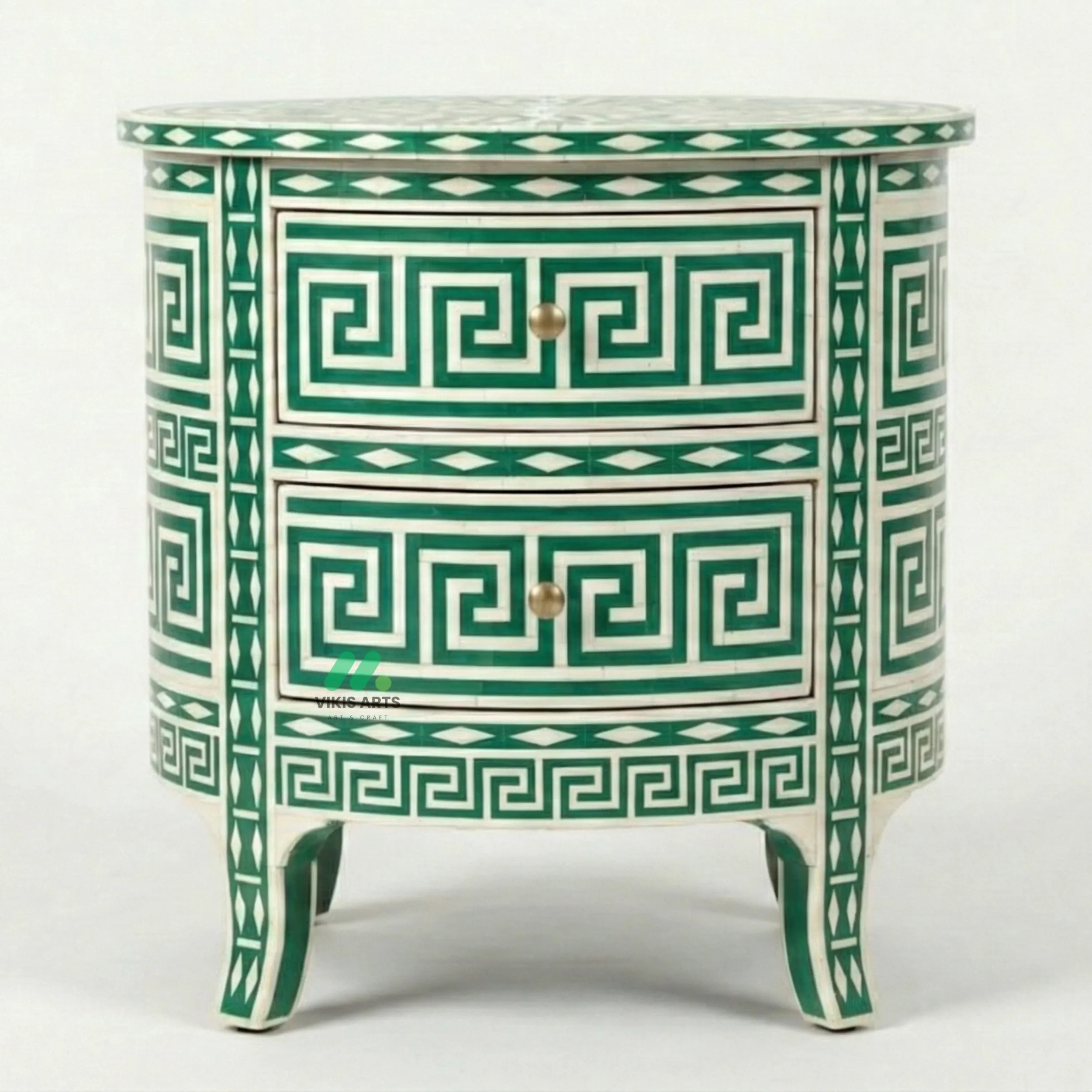 Bone Inlay Green Round Nightstand with 2 Drawers