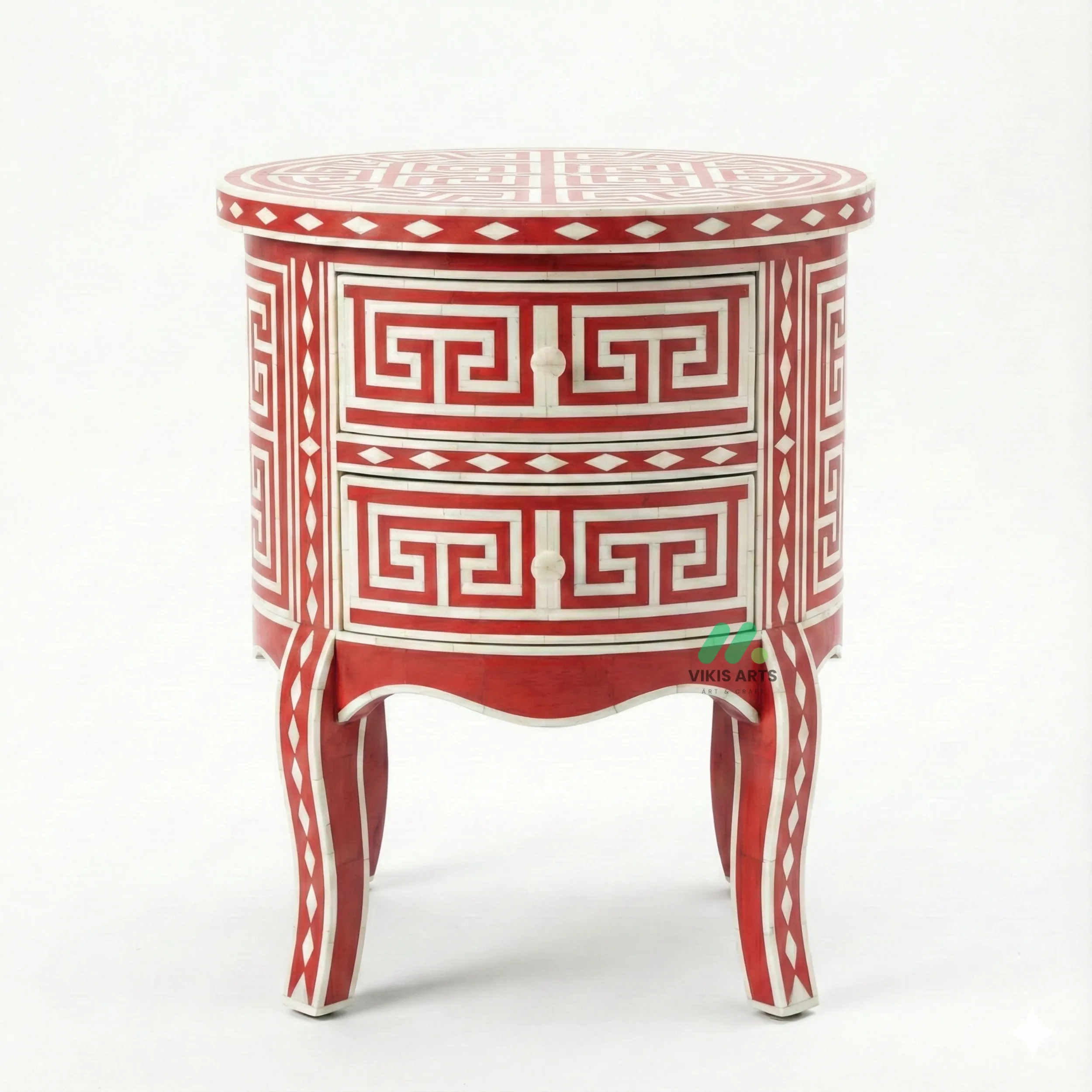 Bone Inlay Red Round Nightstand with 2 Drawers