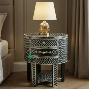 Bone Inlay Black Round Bedside Table with 2 Drawers