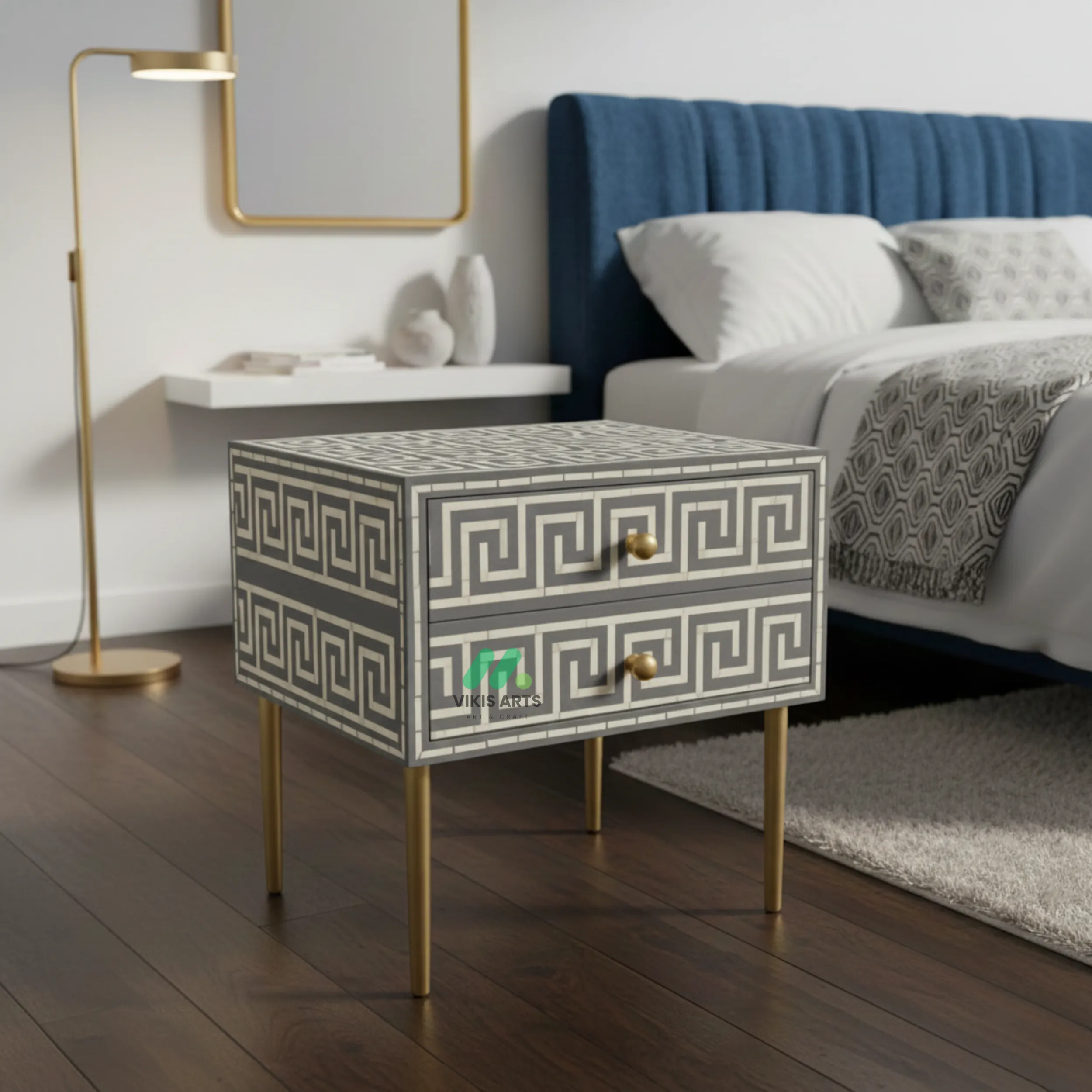 Bone Inlay Grey Bedside Table with 2 Drawers