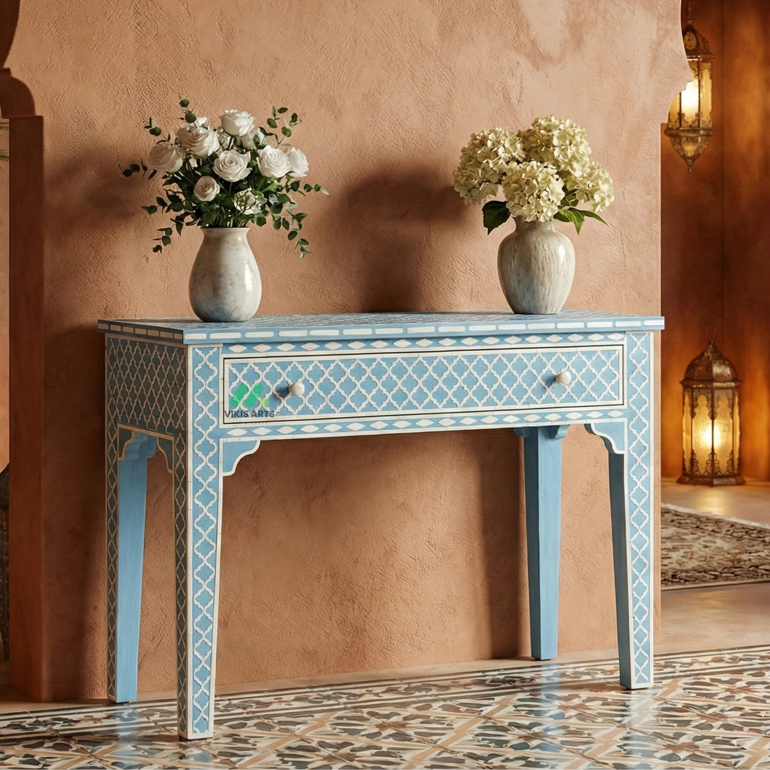 Bone Inlay Blue Console Table