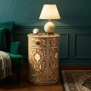 Bone Inlay Brown Round Bedside Table