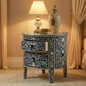 Mother Of Pearl Navy Blue Round Bedside Table with 2 Drawers