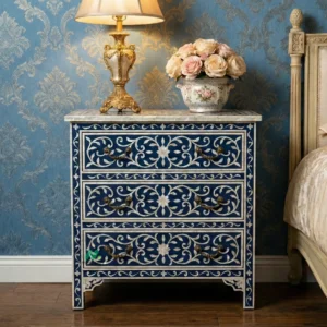 Mother Of Pearl Navy Blue Bedside Table with 3 Drawers