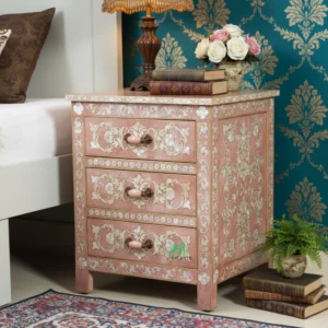Mother Of Pearl Pink Bedside Table with 3 Drawers