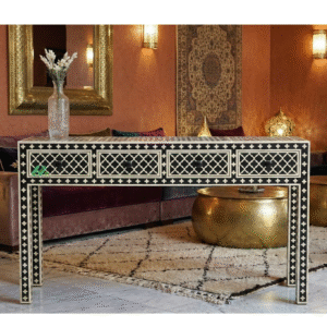 Bone Inlay Black Console Table with 4 Drawers