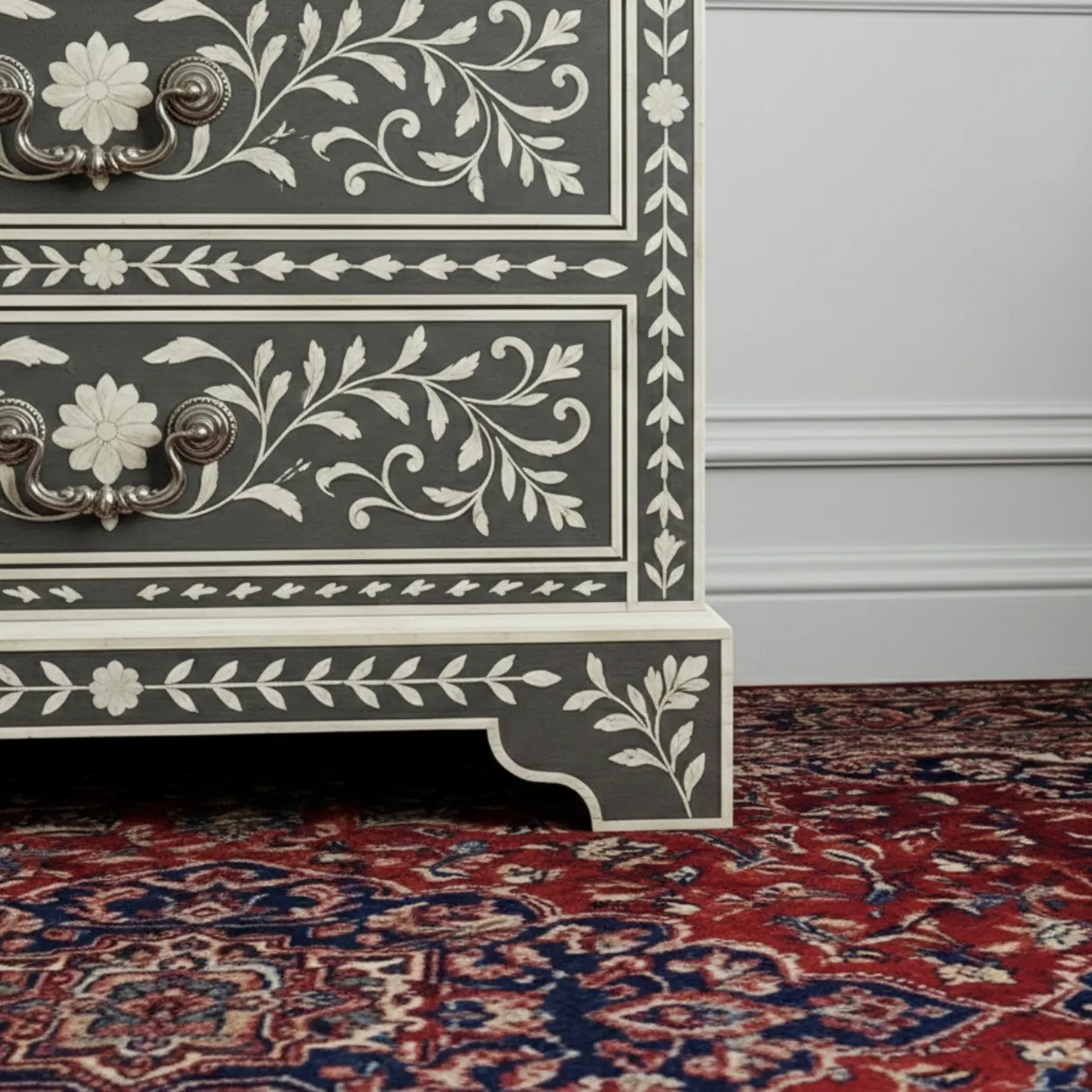 Bone Inlay Grey Bedside Table with 3 Drawer - Image 6