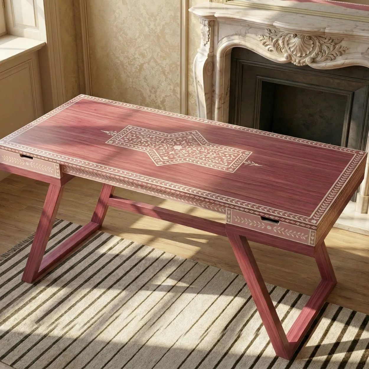 Bone Inlay Pink Desk Table - Image 4