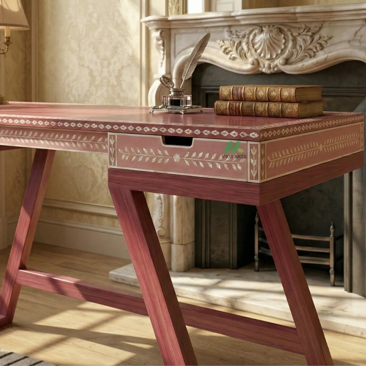 Bone Inlay Pink Desk Table - Image 5