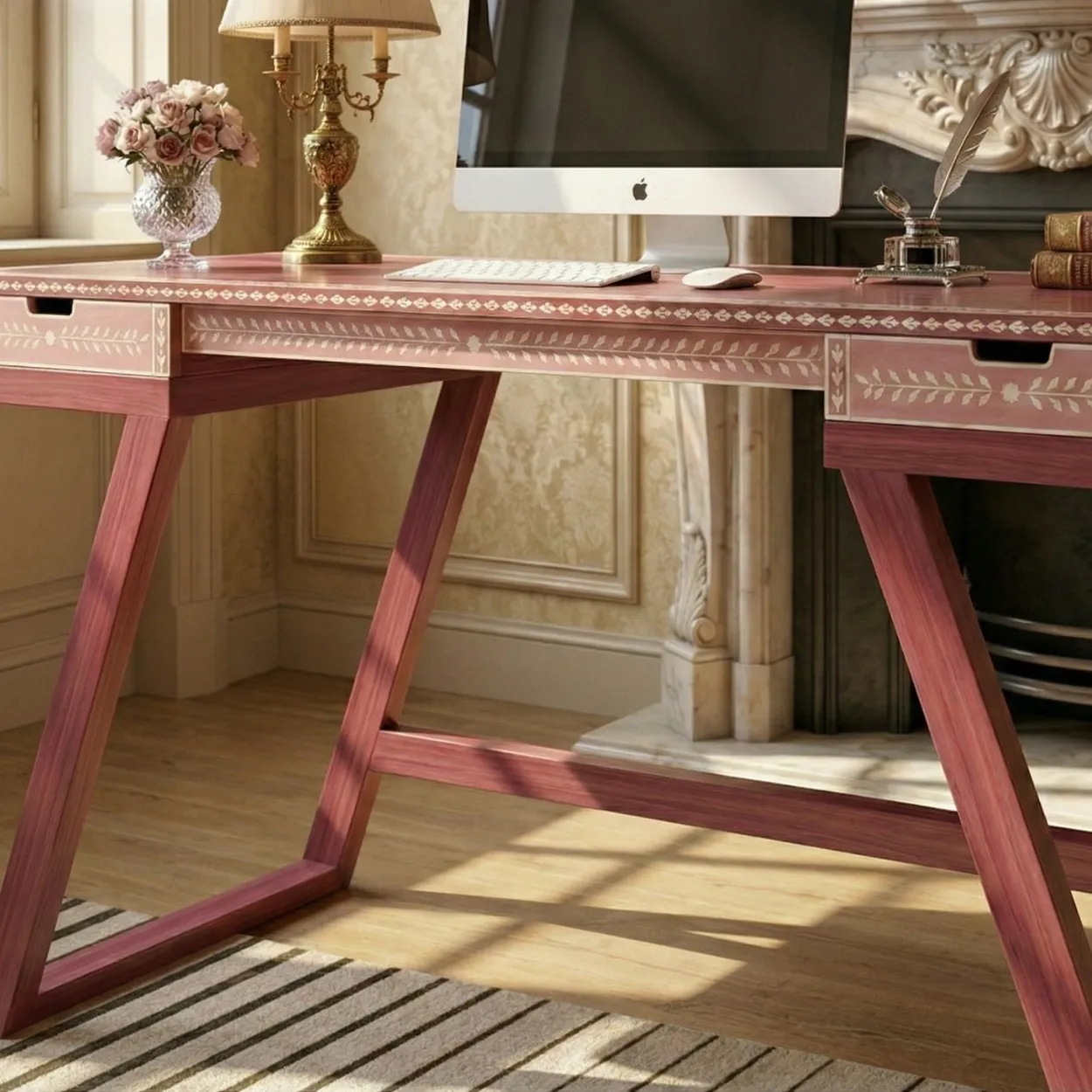 Bone Inlay Pink Desk Table - Image 6