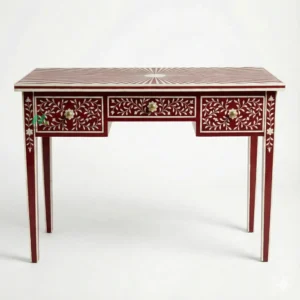 Bone Inlay Red Desk with 3 Drawers