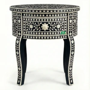 Bone Inlay Black Round Bedside Table with 1 Drawer