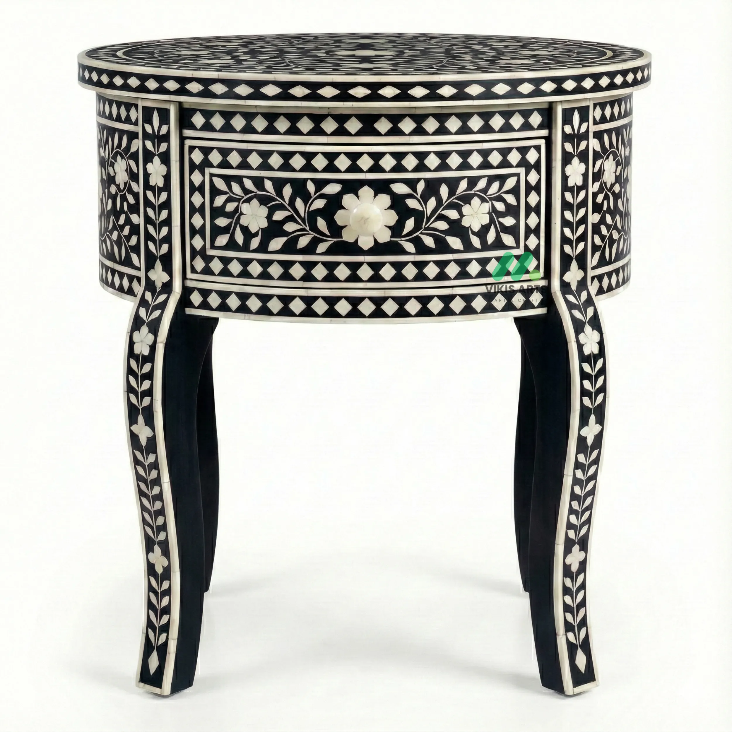 Bone Inlay Black Round Bedside Table with 1 Drawer