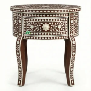 Bone Inlay Brown Round Bedside Table with 1 Drawer