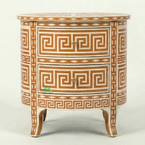 Bone Inlay Orange Round Nightstand with 2 Drawers