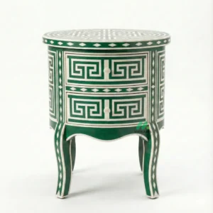Bone Inlay Green Round Nightstand with 2 Drawers