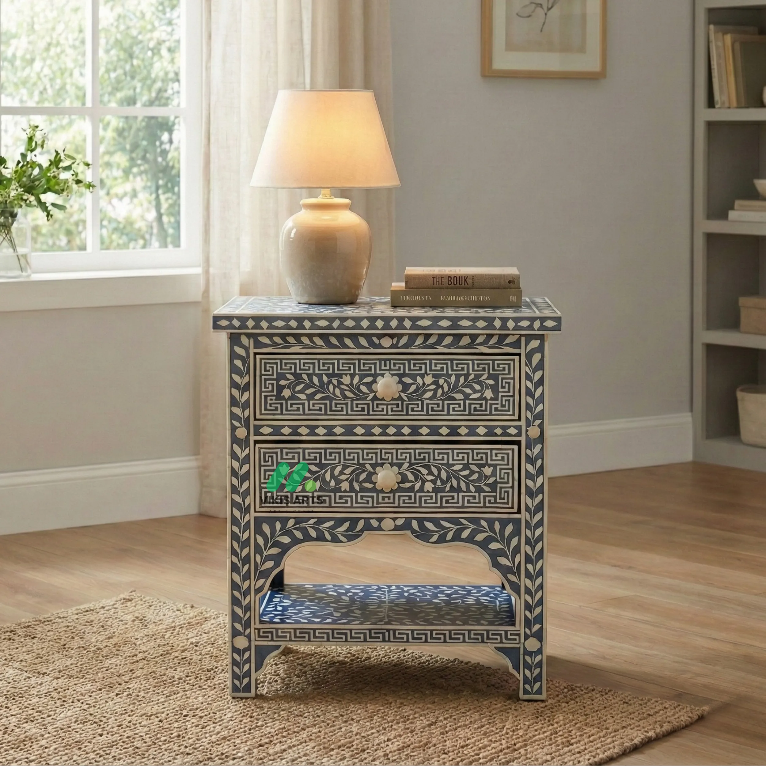 Bone Inlay Grey Bedside Table with 2 Drawers