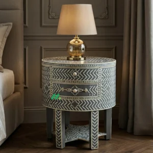 Bone Inlay Grey Round Bedside Table with 2 Drawers