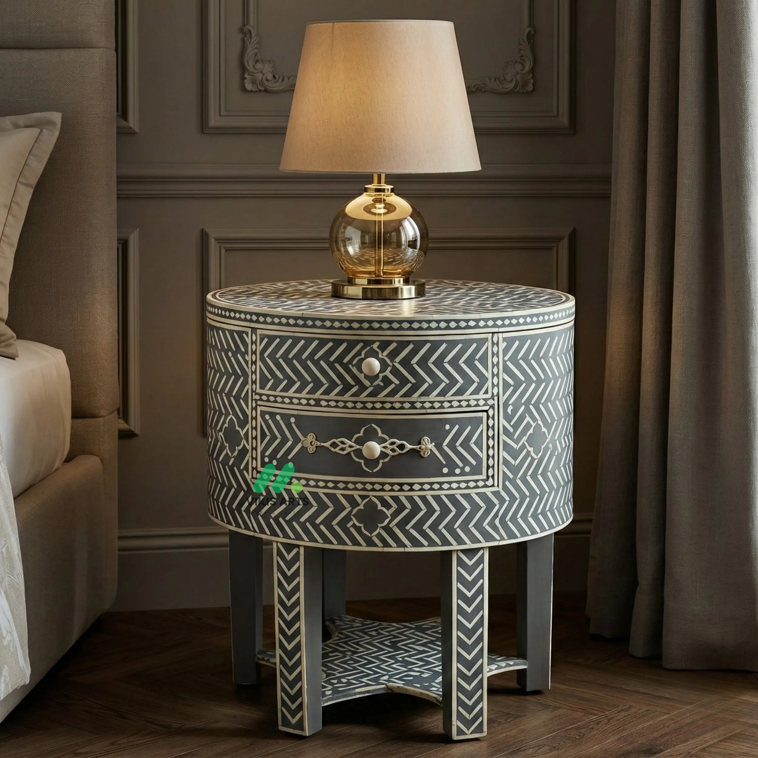 Bone Inlay Grey Round Bedside Table with 2 Drawers