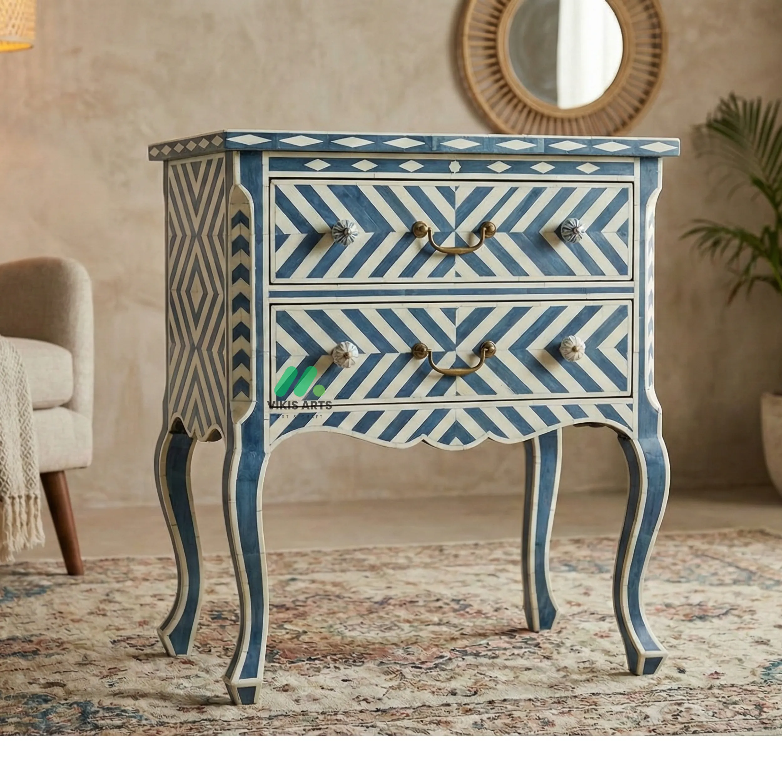 Bone Inlay blue Bedside Table with 2 Drawers