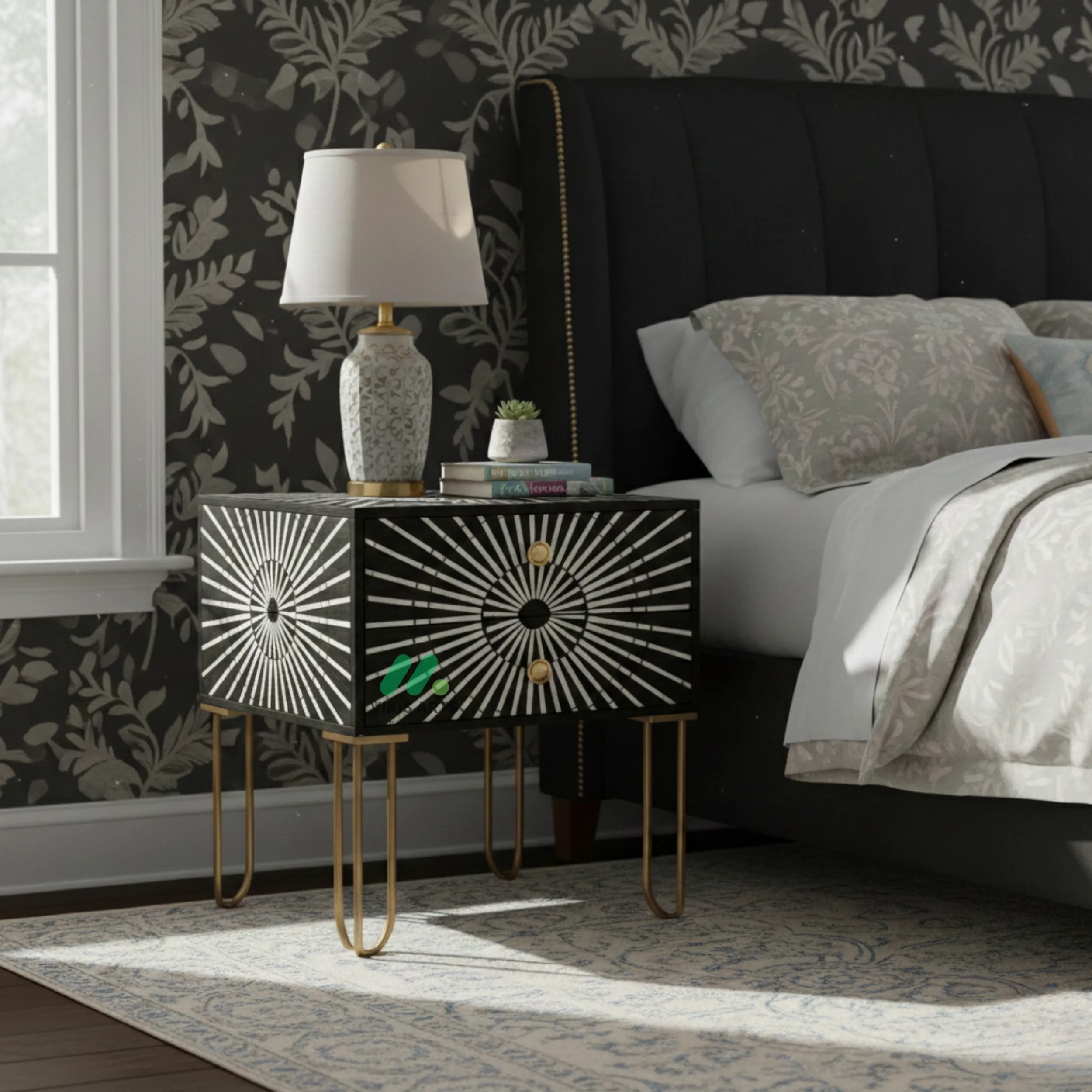 Bone Inlay Black Bedside Table with 2 Drawers