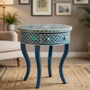 Bone Inlay Blue Round Bedside Table with 1 Drawers