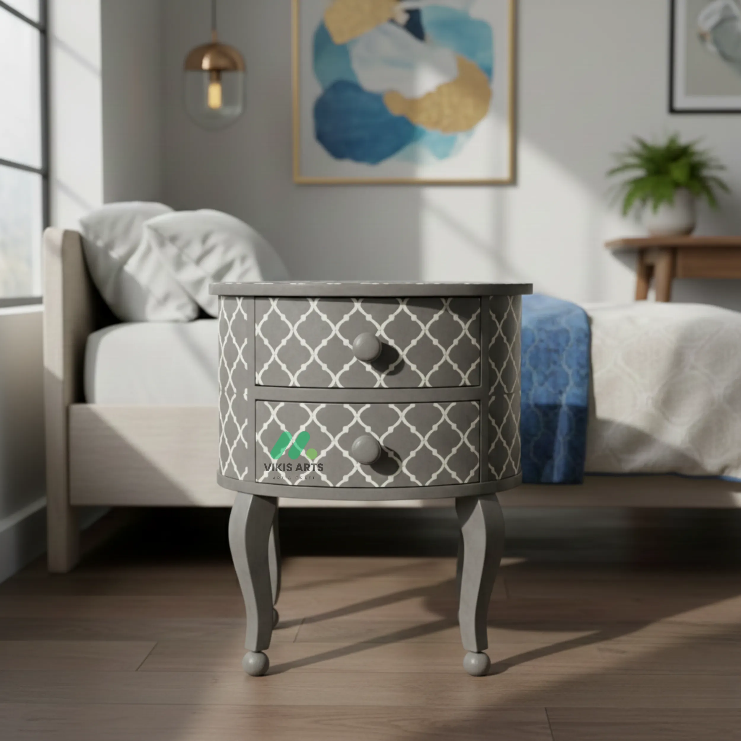 Bone Inlay Grey Round Bedside Table with 2 Drawer